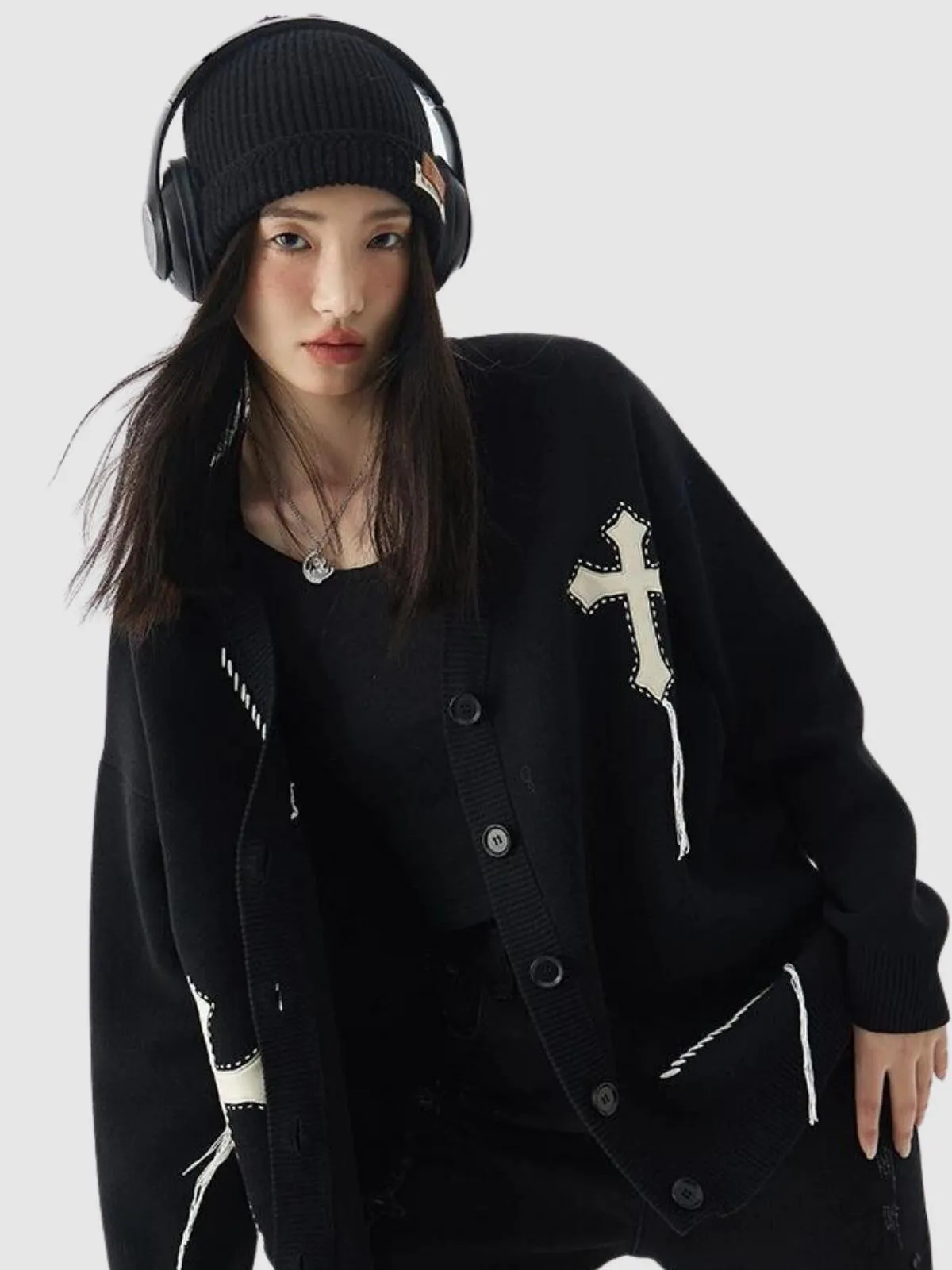 We Love Street Embroidered Cross V-neck Knitted Cardigan