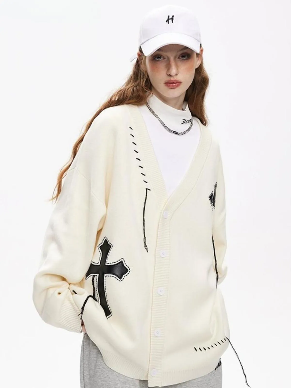 We Love Street Embroidered Cross V-neck Knitted Cardigan