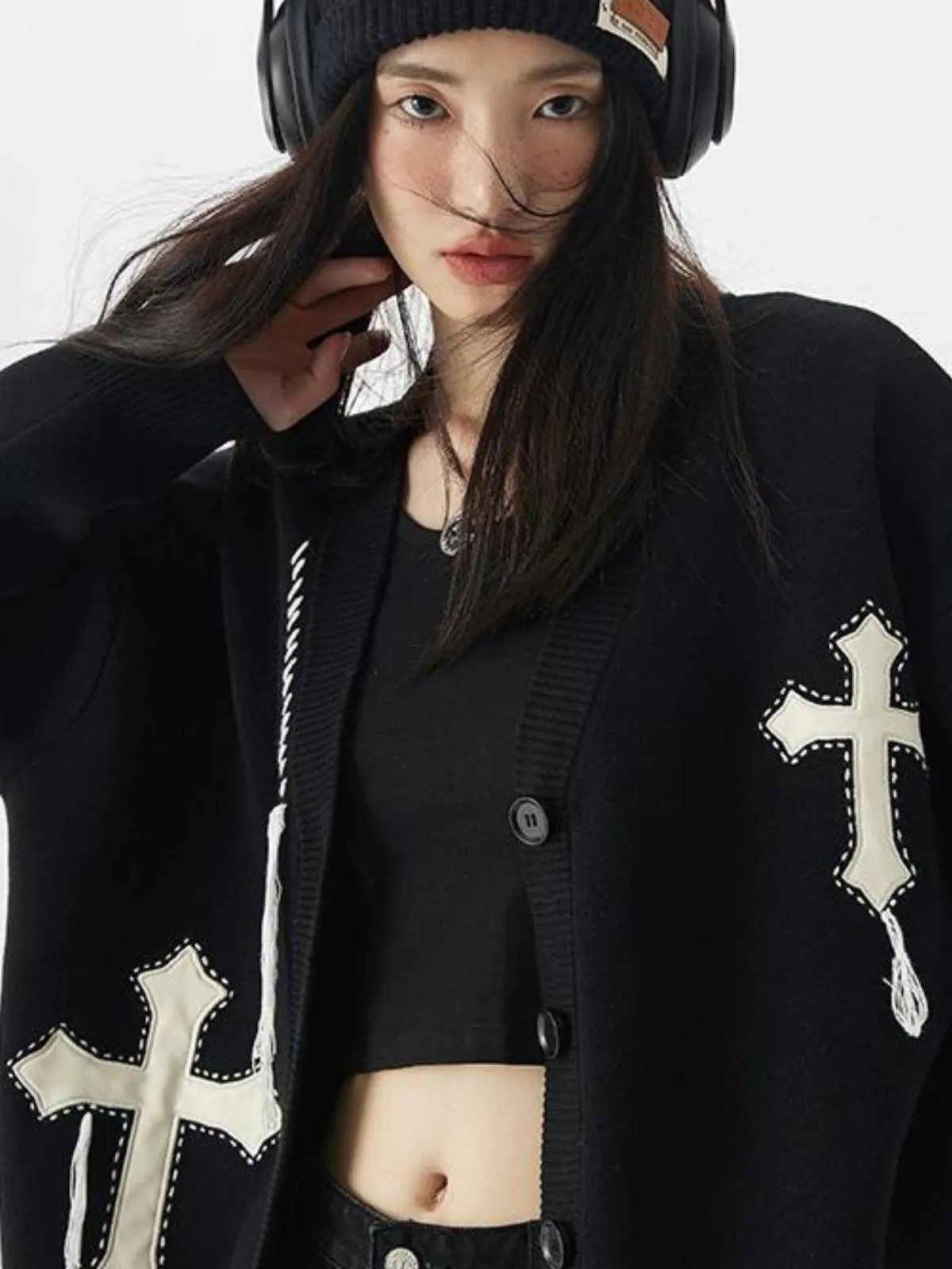 We Love Street Embroidered Cross V-neck Knitted Cardigan