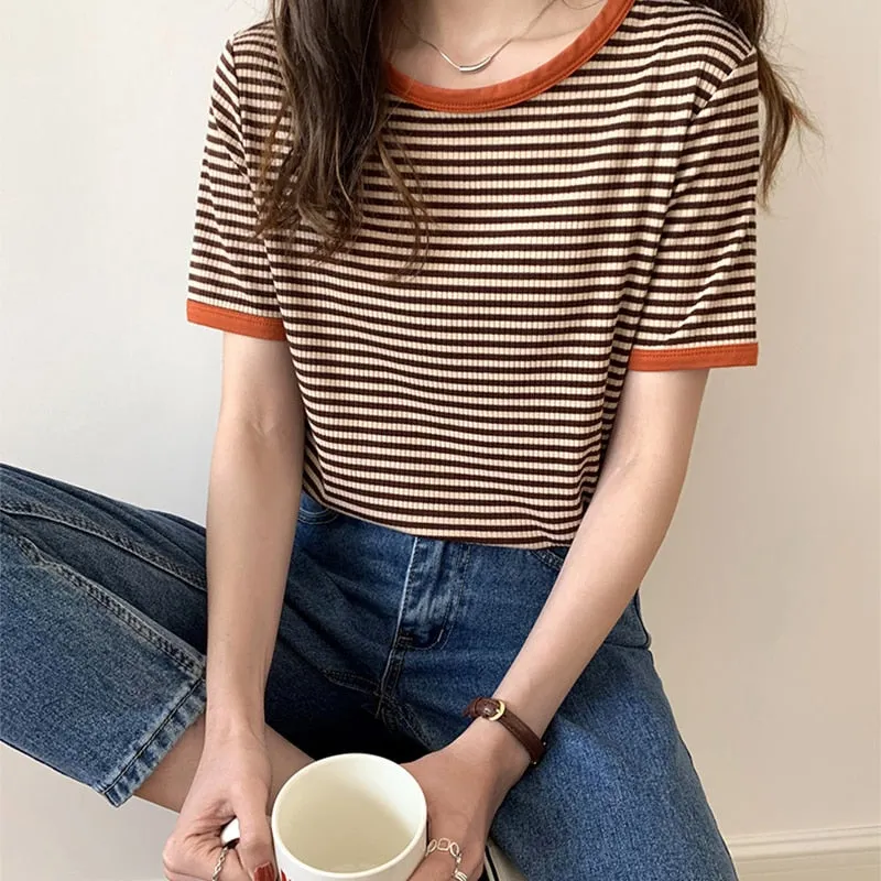 Wenkouban Striped Vintage Short Sleeve T Shirt Women 2022 Summer Korean Fashion T-Shir Soft Tops Tshirts Casual O Neck Tee Shirt Female