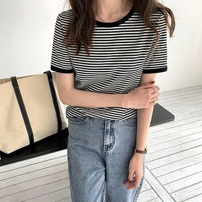 Wenkouban Striped Vintage Short Sleeve T Shirt Women 2022 Summer Korean Fashion T-Shir Soft Tops Tshirts Casual O Neck Tee Shirt Female