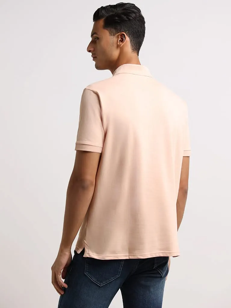 WES Casuals Peach Cotton Blend Relaxed Fit Polo T-Shirt