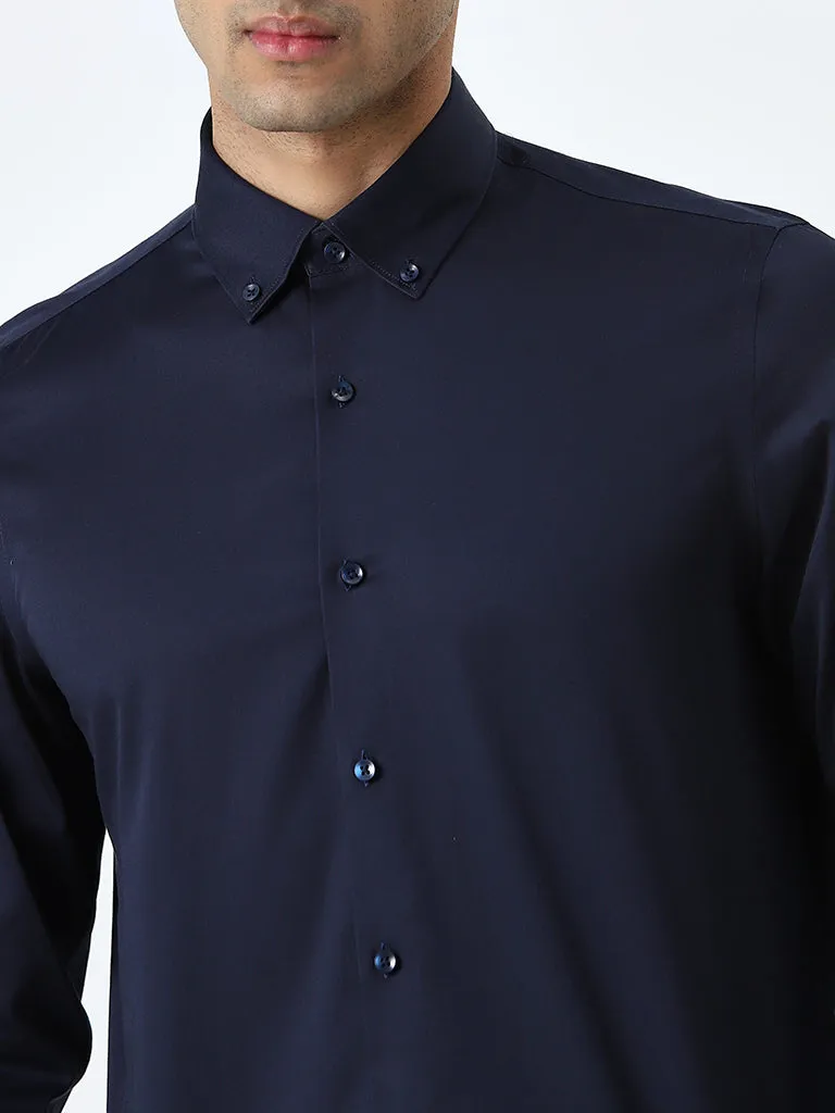 WES Formals Navy Solid Slim-Fit Cotton Blend Shirt