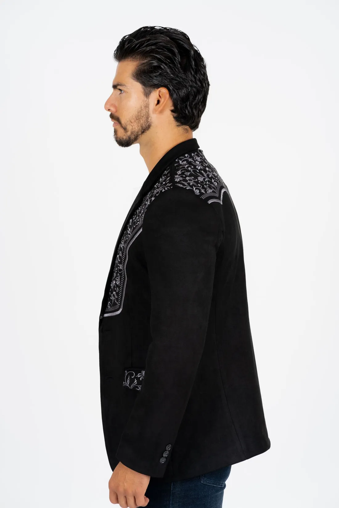 Western Black Embroidered Faux Suede Blazer