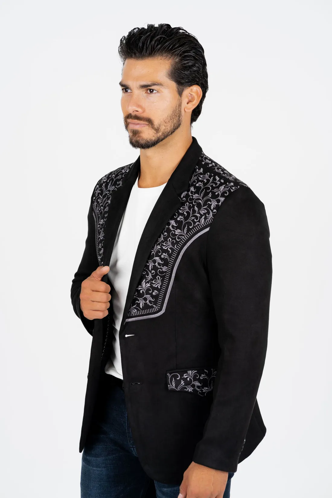 Western Black Embroidered Faux Suede Blazer