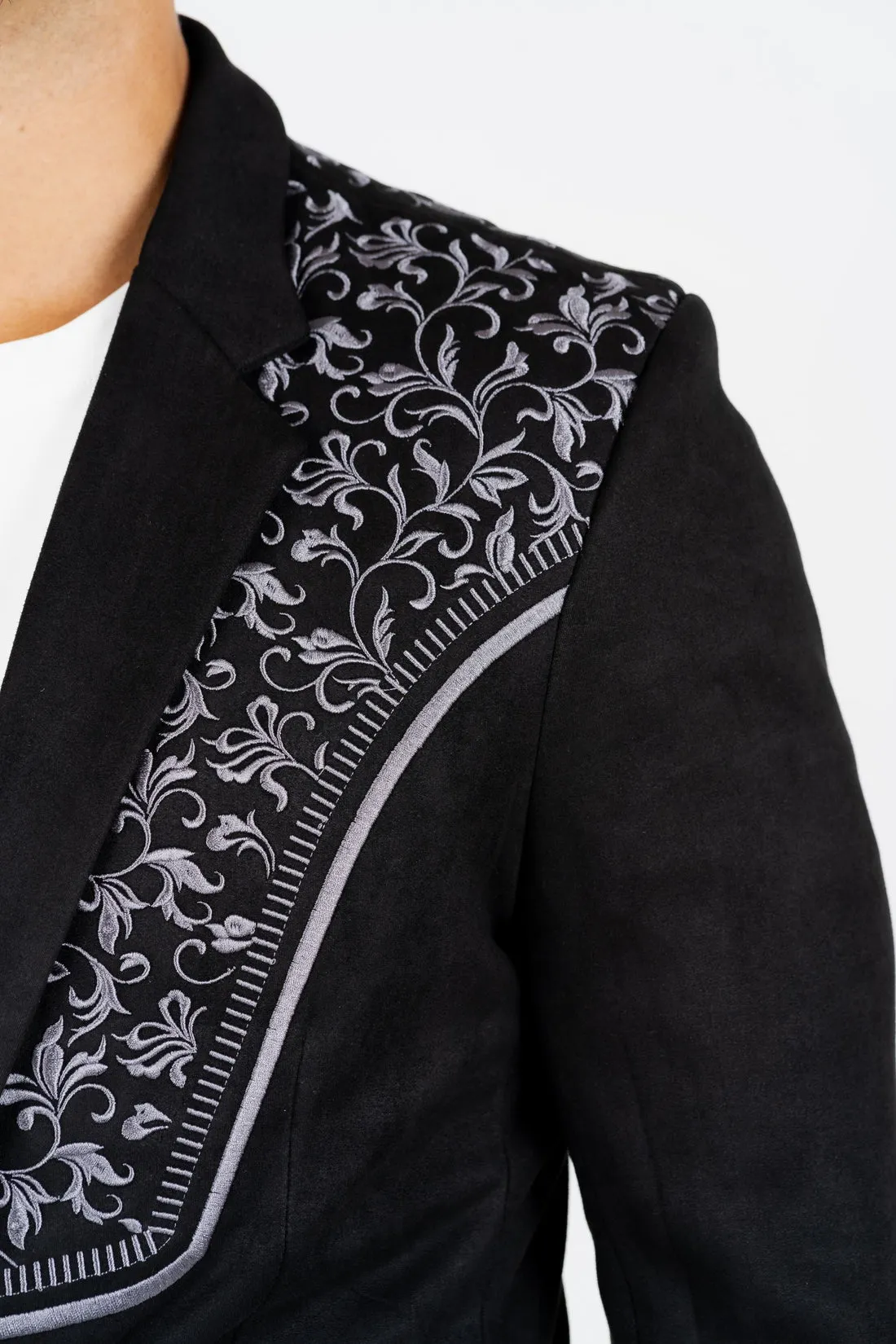 Western Black Embroidered Faux Suede Blazer