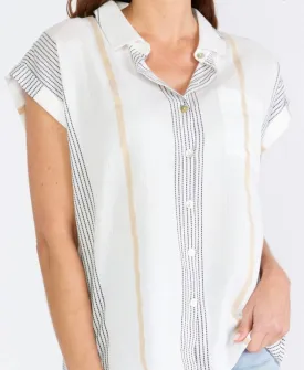 White & Gold Stripe Short Sleeve Button Down Shirt by Lovestitch