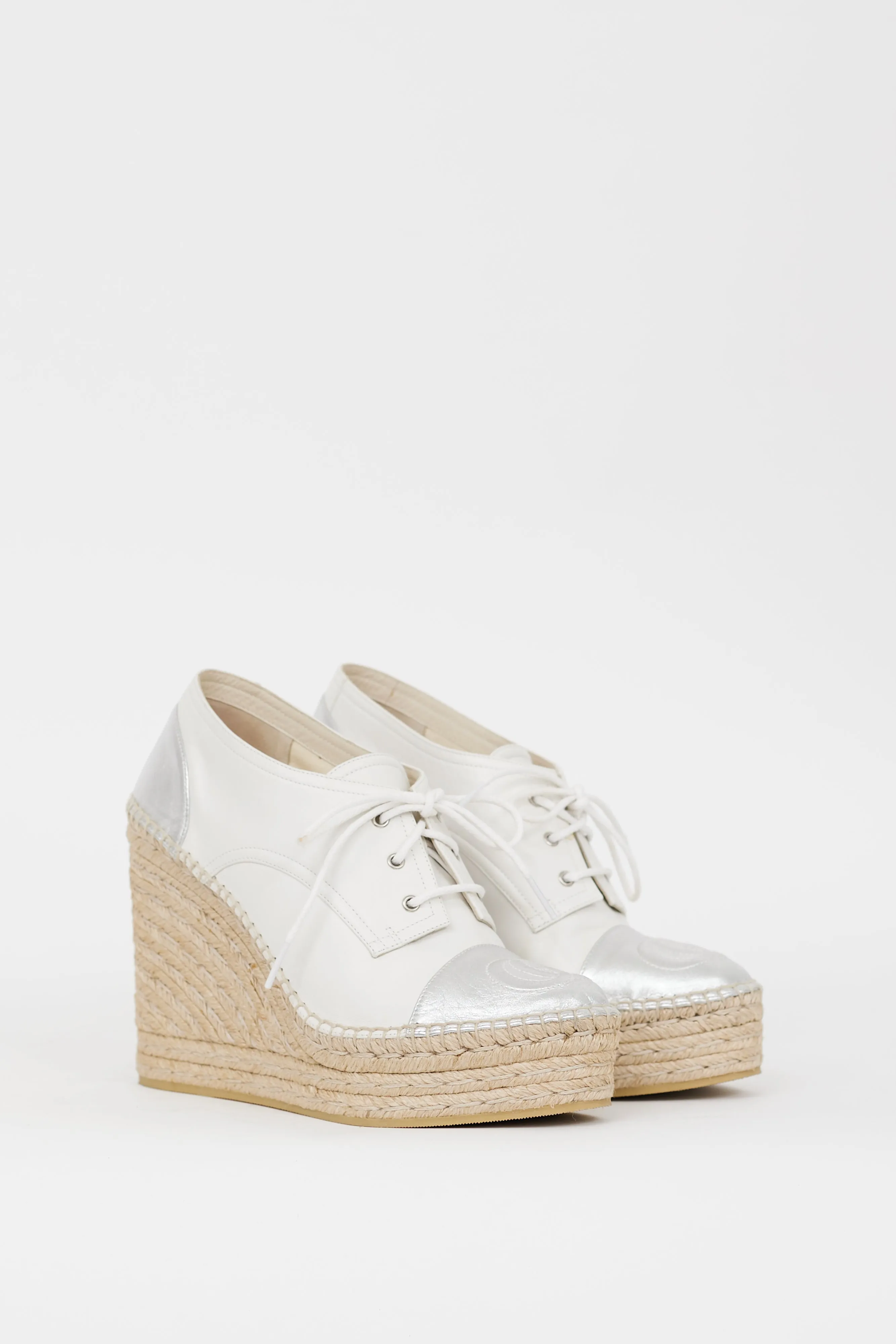 White & Silver Leather GG Pilar Wedge Heel