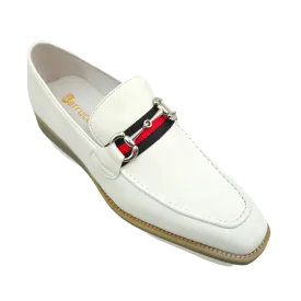 White Carrucci Loafer Leather Men's casual shoes Silver Buckle Red and Green Trim