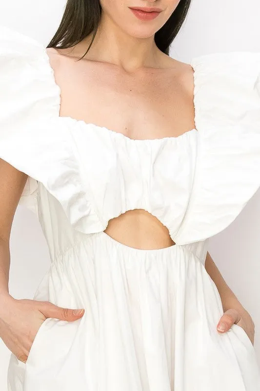 White Cotton Ruffle Shoulder Tiered Sleeve Maxi Dress