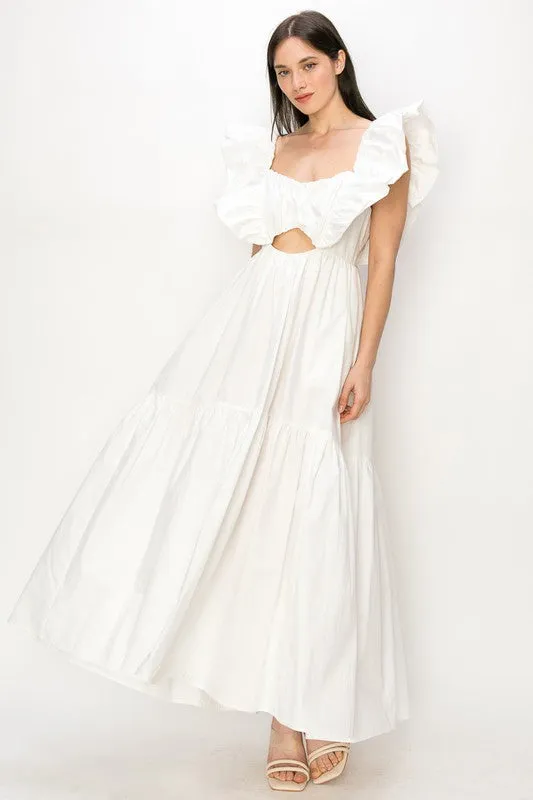 White Cotton Ruffle Shoulder Tiered Sleeve Maxi Dress