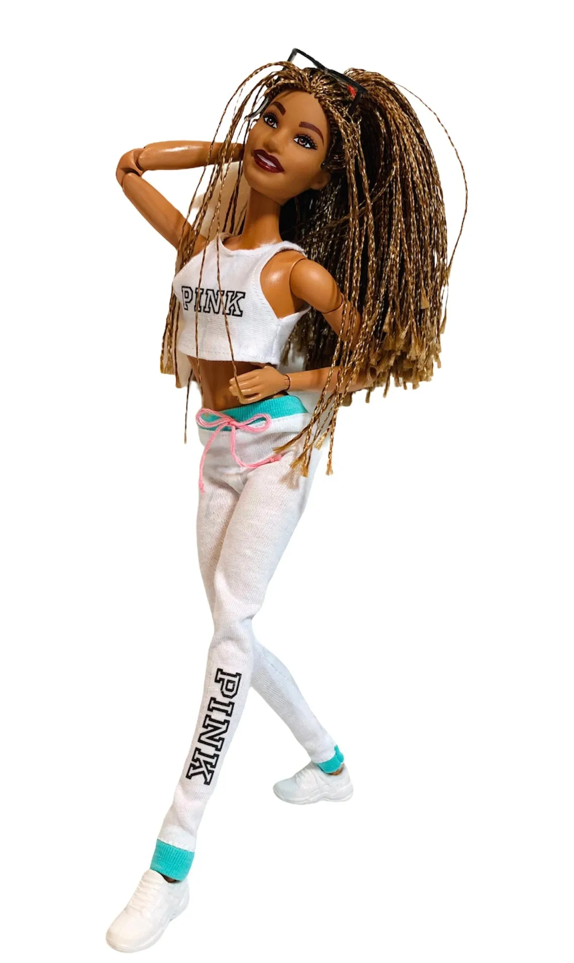 White crop top for Barbie dolls with “PINK” logo