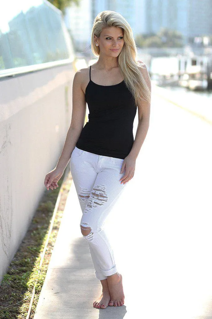 White Distressed Capri Jeans