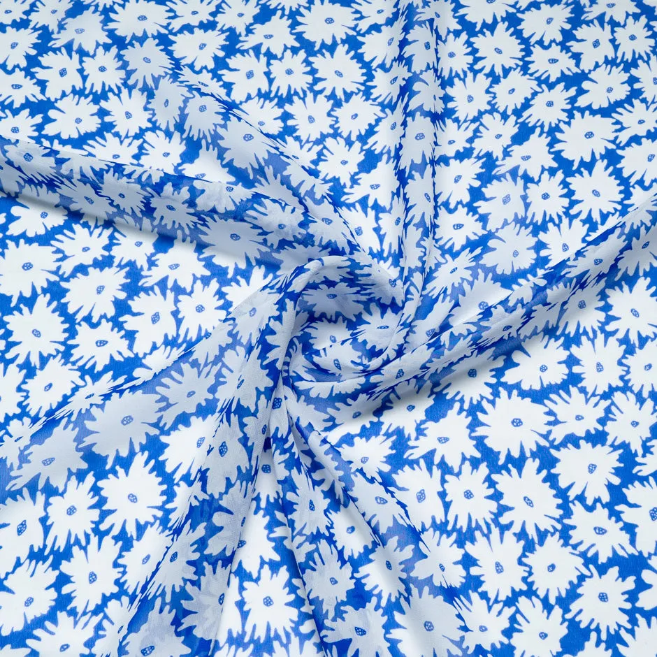 White Floral Printed Blue Pure Silk Georgette