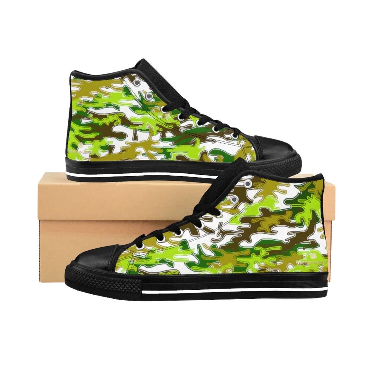 White Green Camouflage Army Military Print Men's High-top Sneakers Tennis Shoes