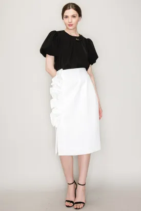 White High Waist Asymmetric Frill Midi Skirt