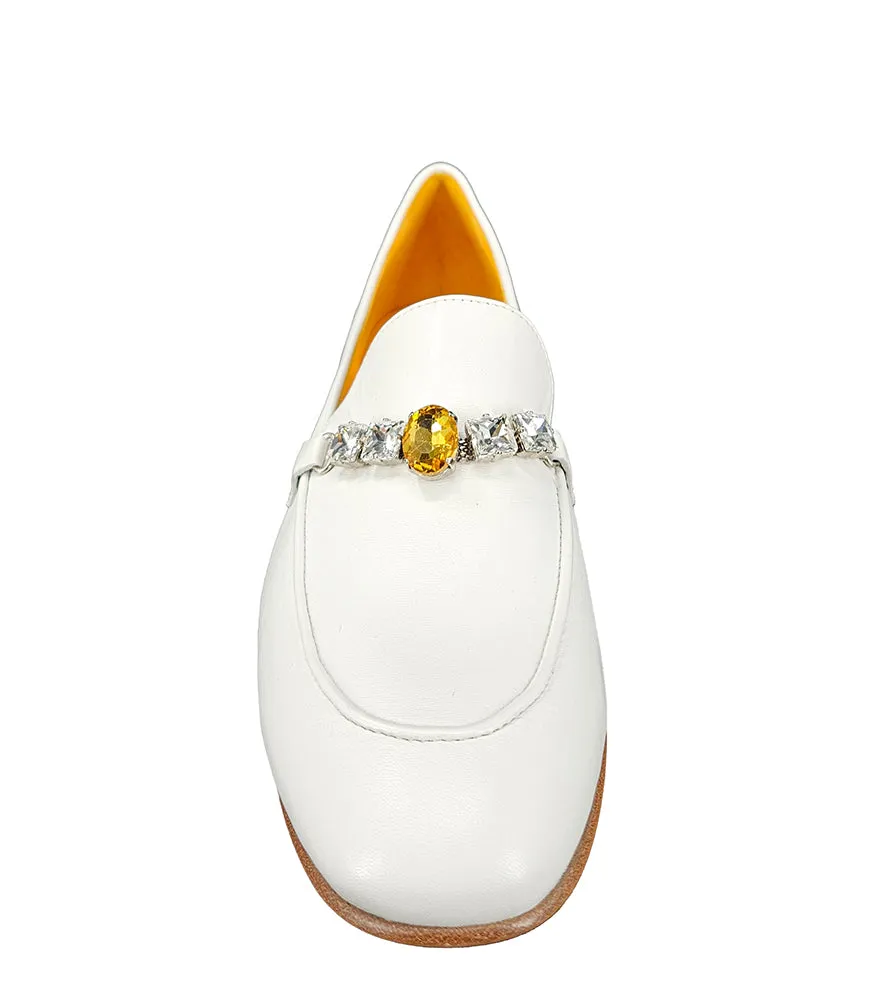 White Leather Flat Jeweled Loafer