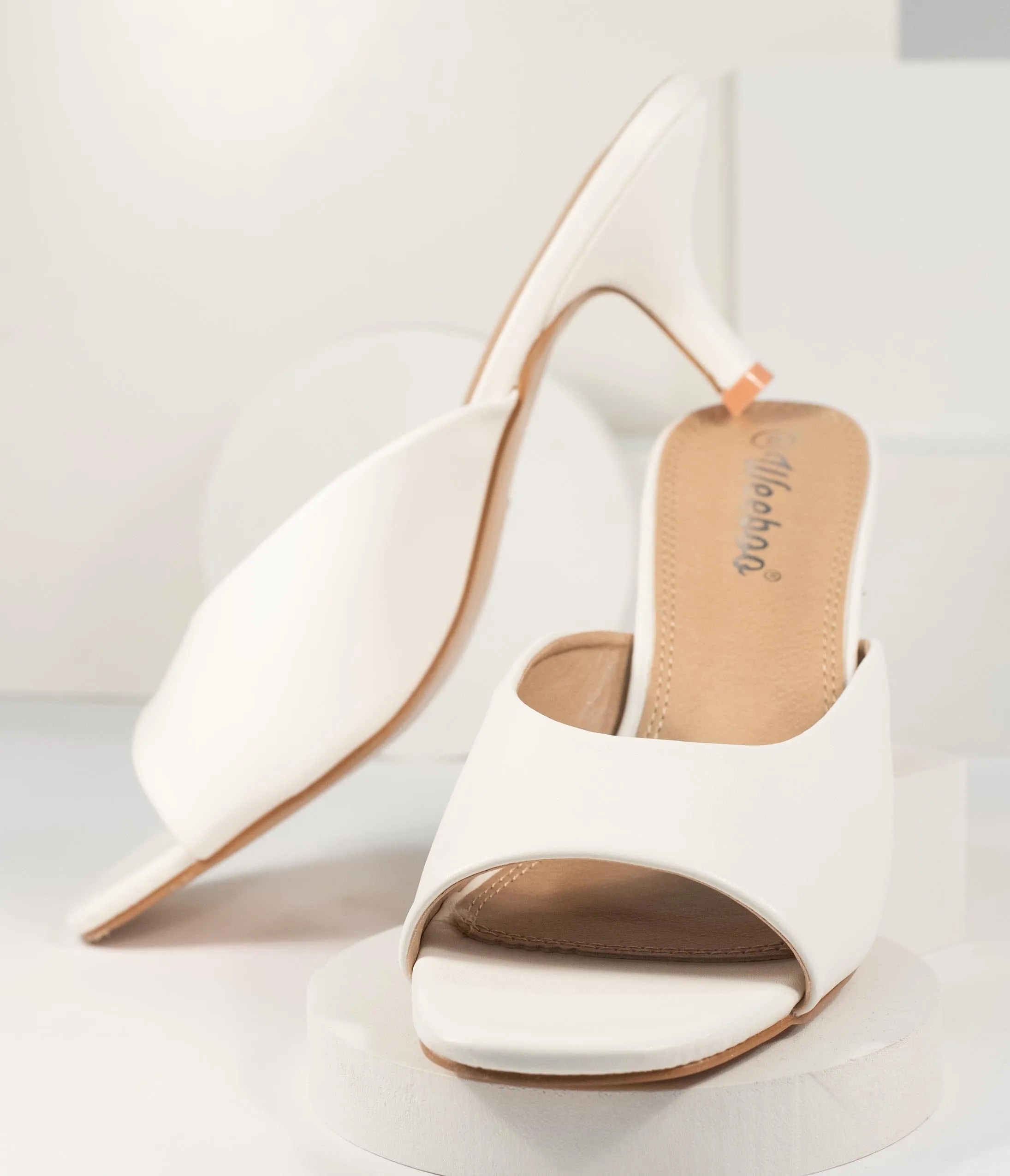 White Leatherette Peep Toe Kitten Heels