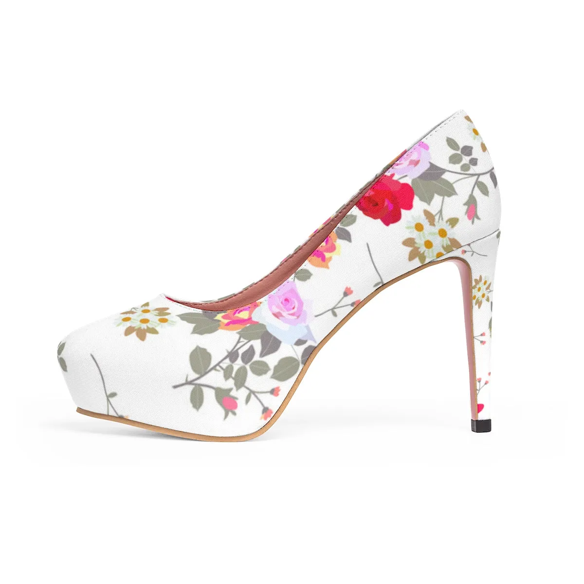 White Mixed Floral Print Designer Women's Platform Heels Platform Heels (US Size: 5-11)