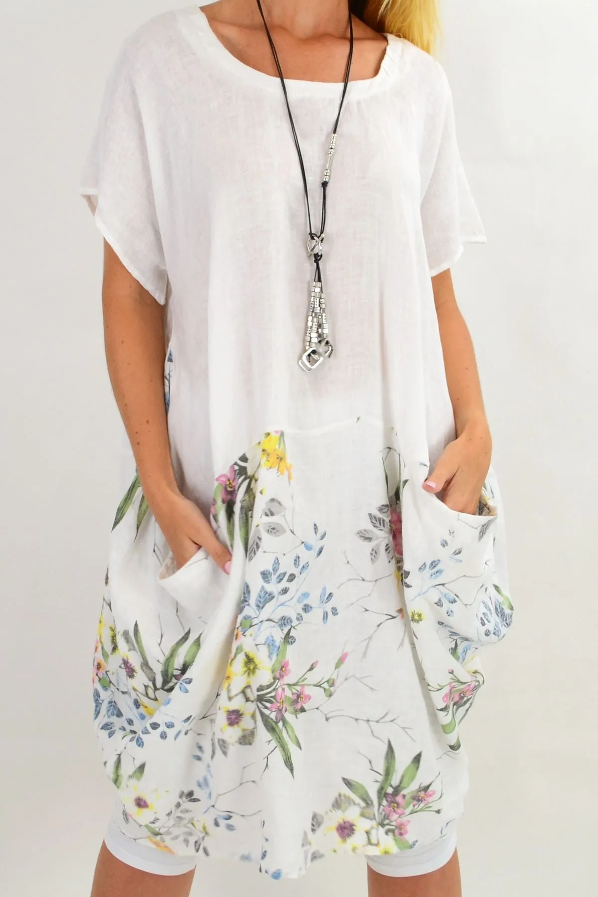 White Native Flower Sleeve Linen Tunic Dress