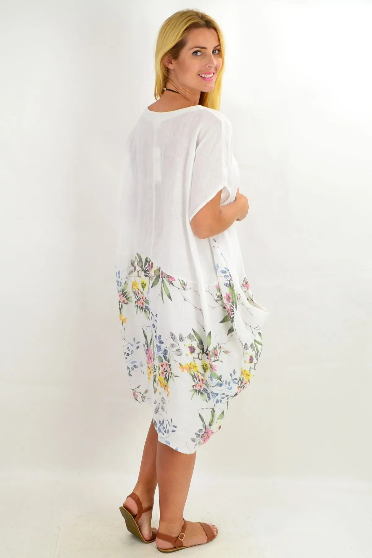 White Native Flower Sleeve Linen Tunic Dress