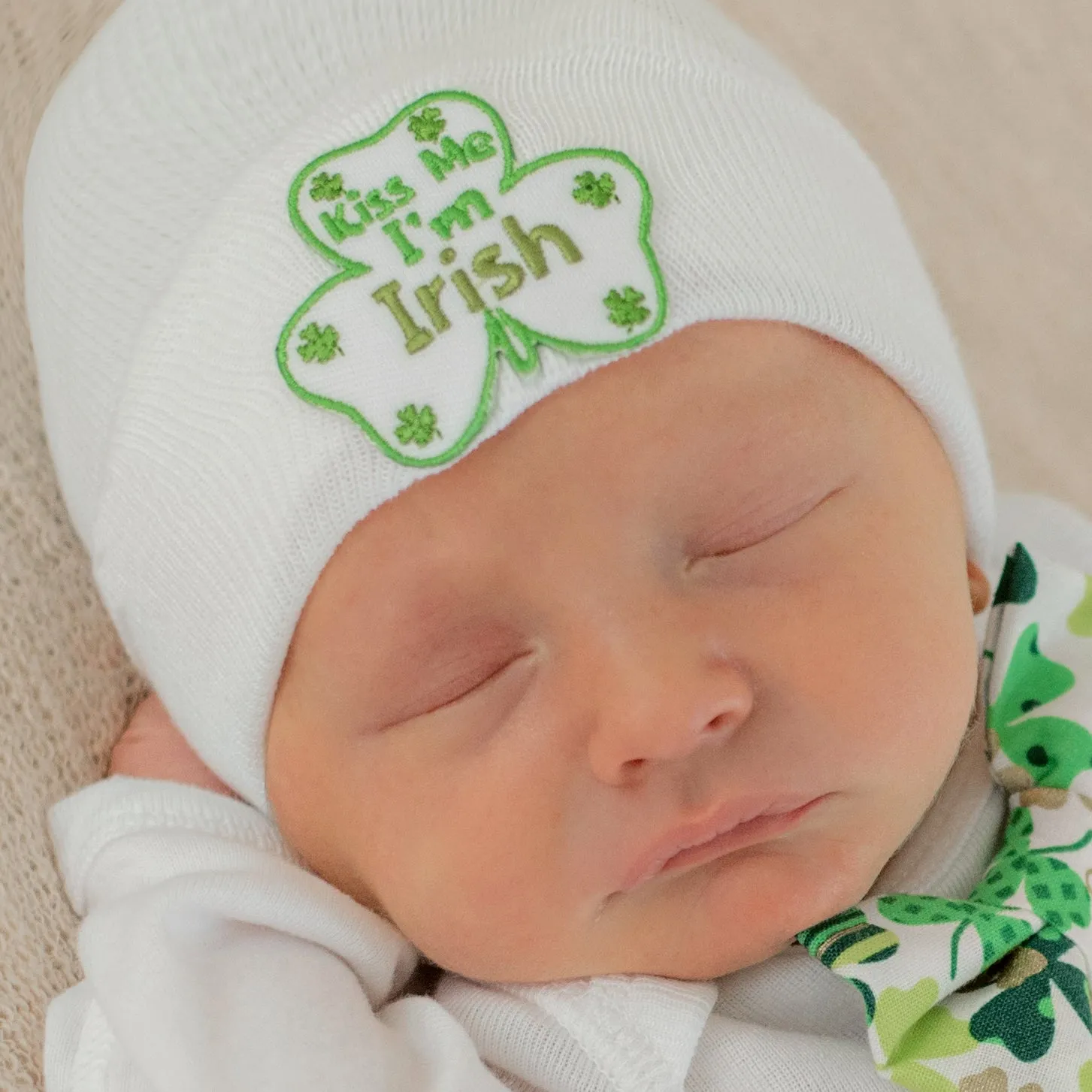 White Newborn Hospital Beanie Hat - Perfect for Irish or St. Patrick's Babies, Green Irish 4 Leaf Clover Patch