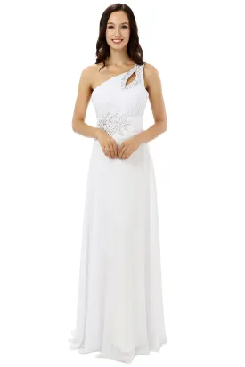 White One Shoulder Chiffon Pleats Beading Bridesmaid Dresses