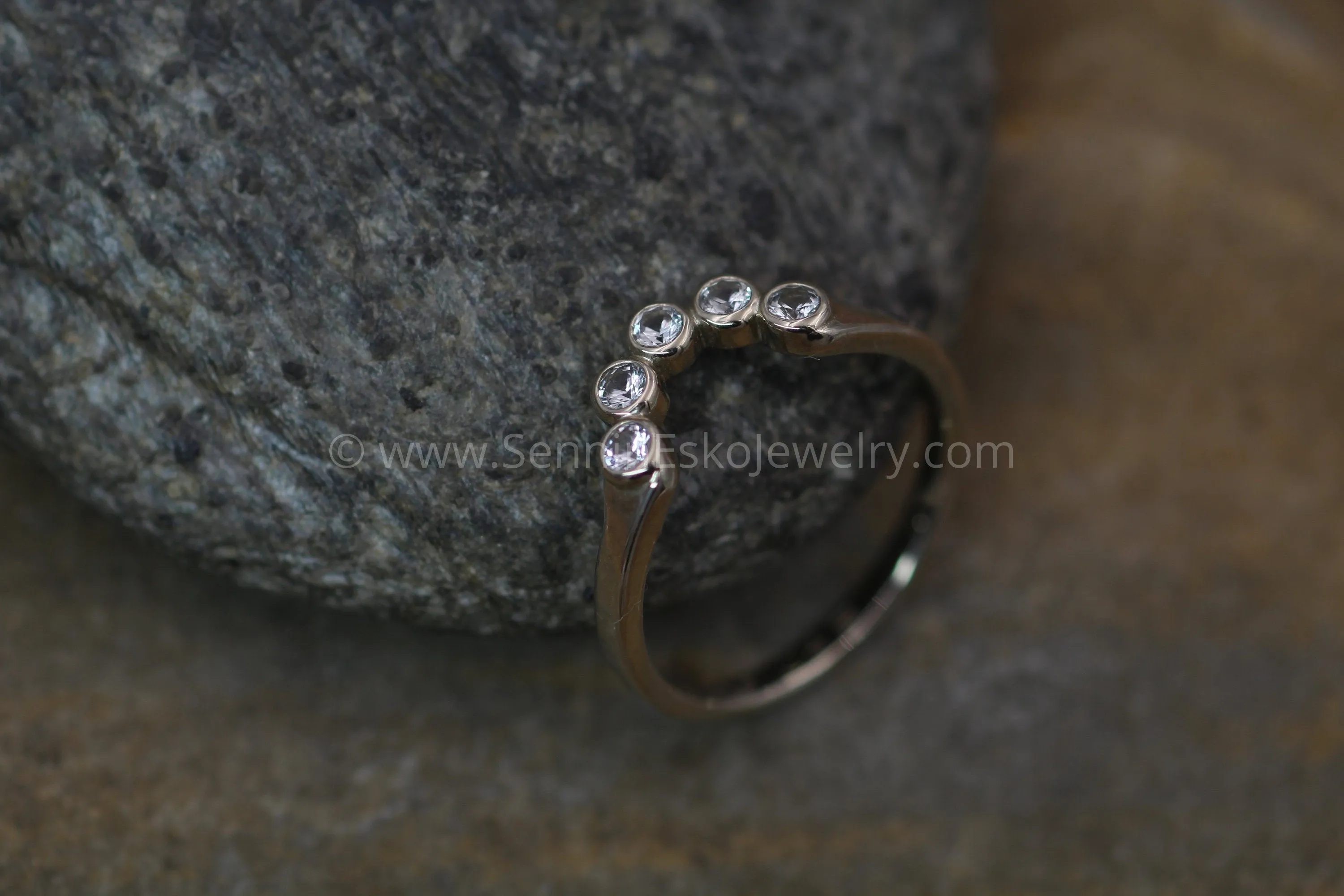 White Sapphire White Gold Half Moon Ring - Sun and Moon Ring - Sapphire Multi Bezel Ring