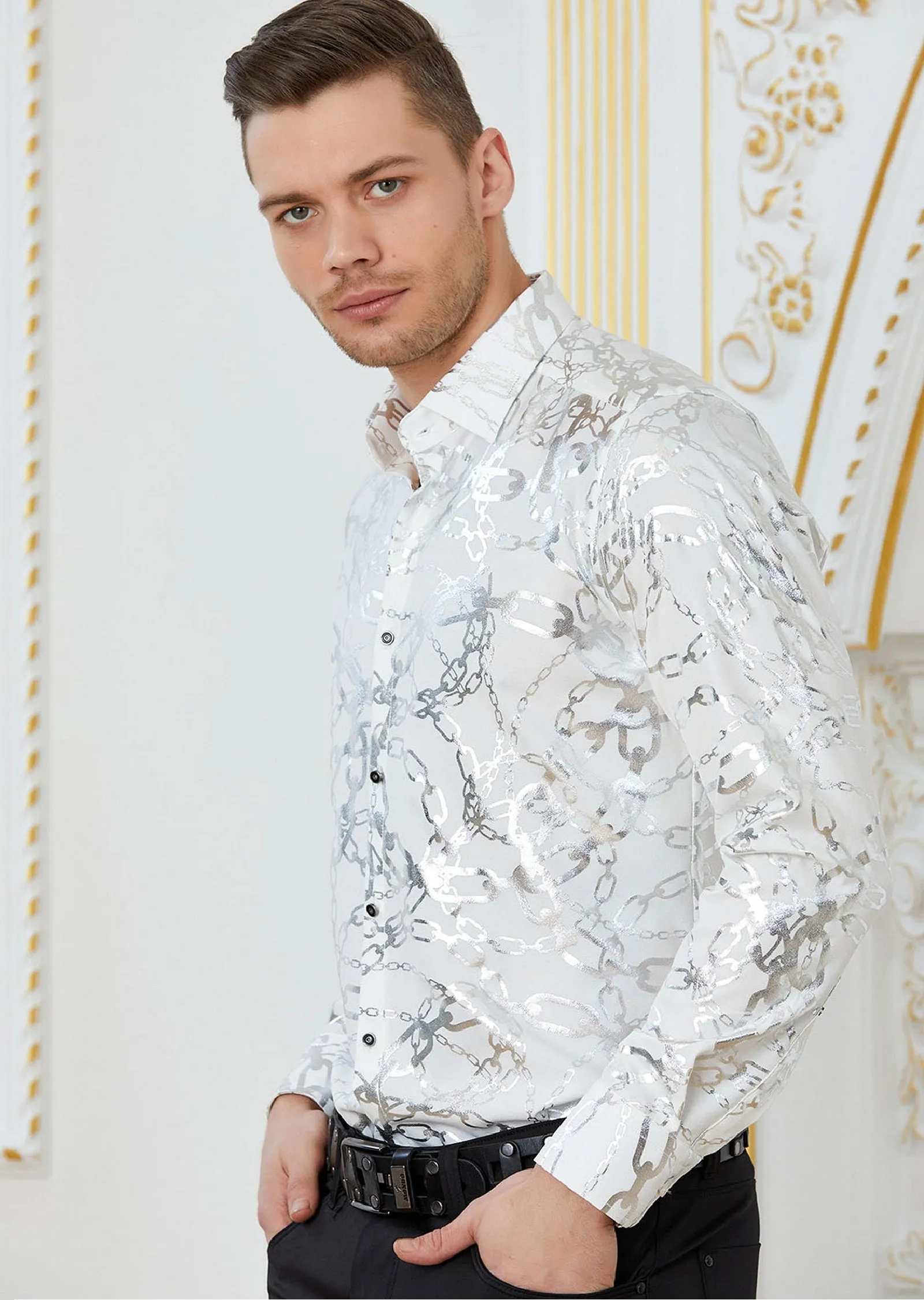 White Silver Chain Print Shirt