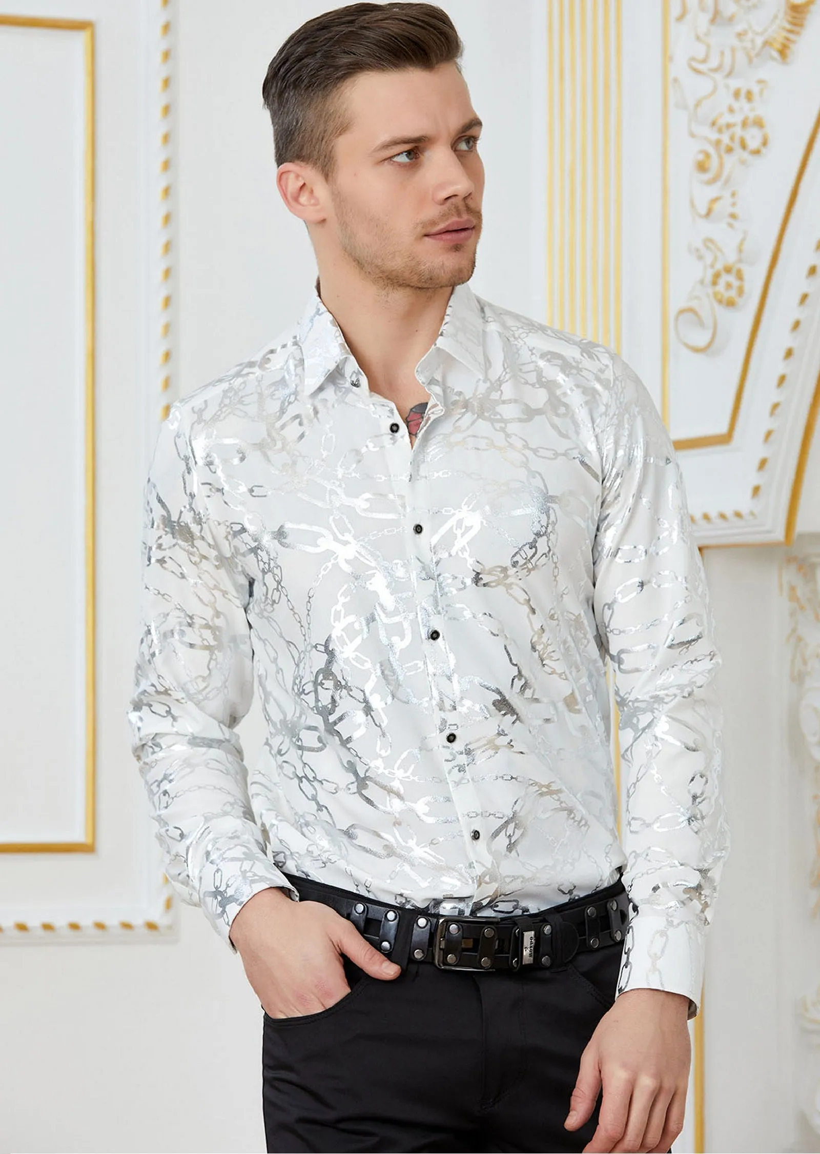 White Silver Chain Print Shirt