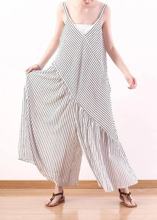 White Stripe Suspender Large Chiffon Jumpsuit Wide Leg Pants Summer