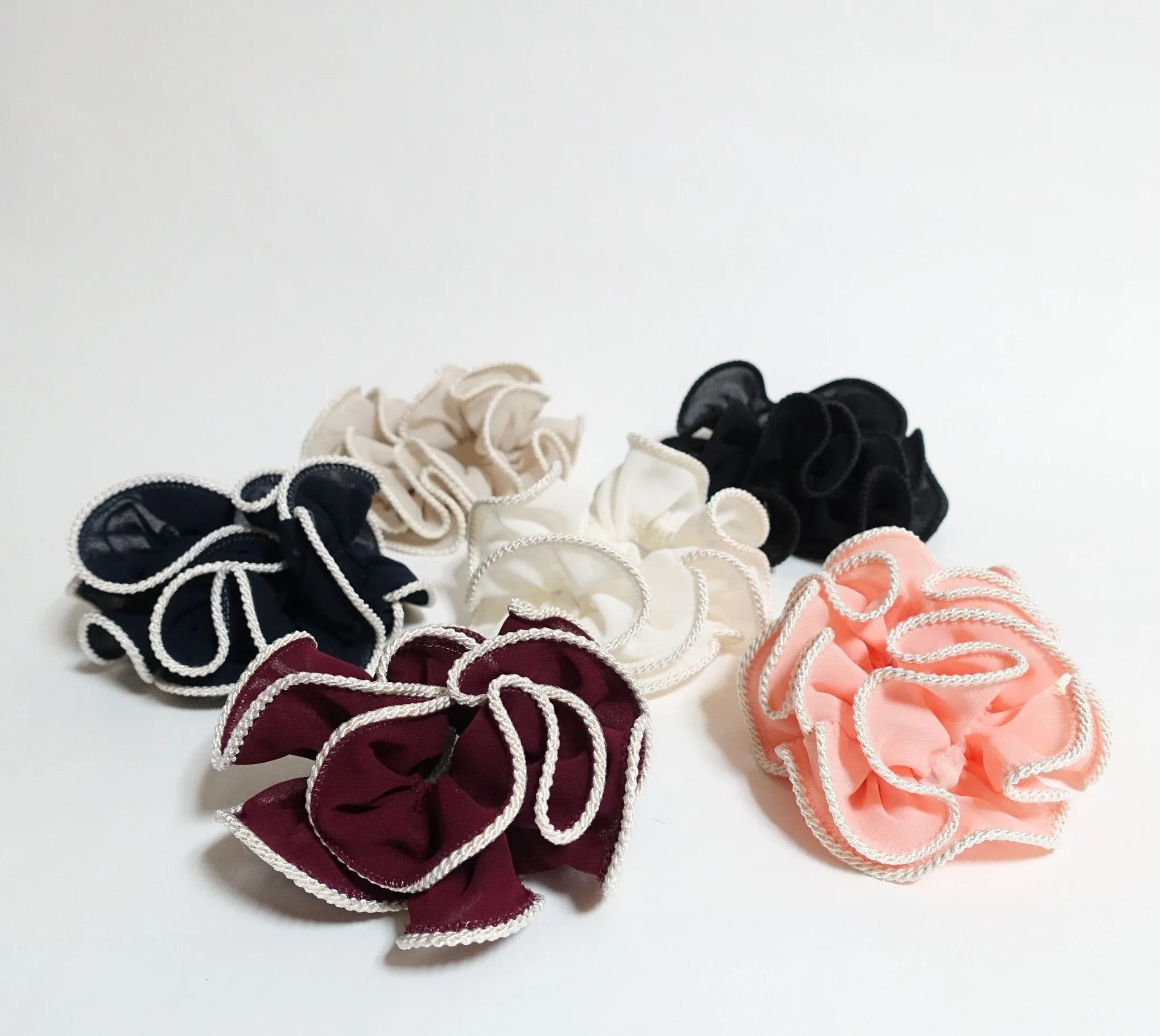 White Thread Trim Hair Chiffon Scrunchies Elastic Band Women Hair Accessories