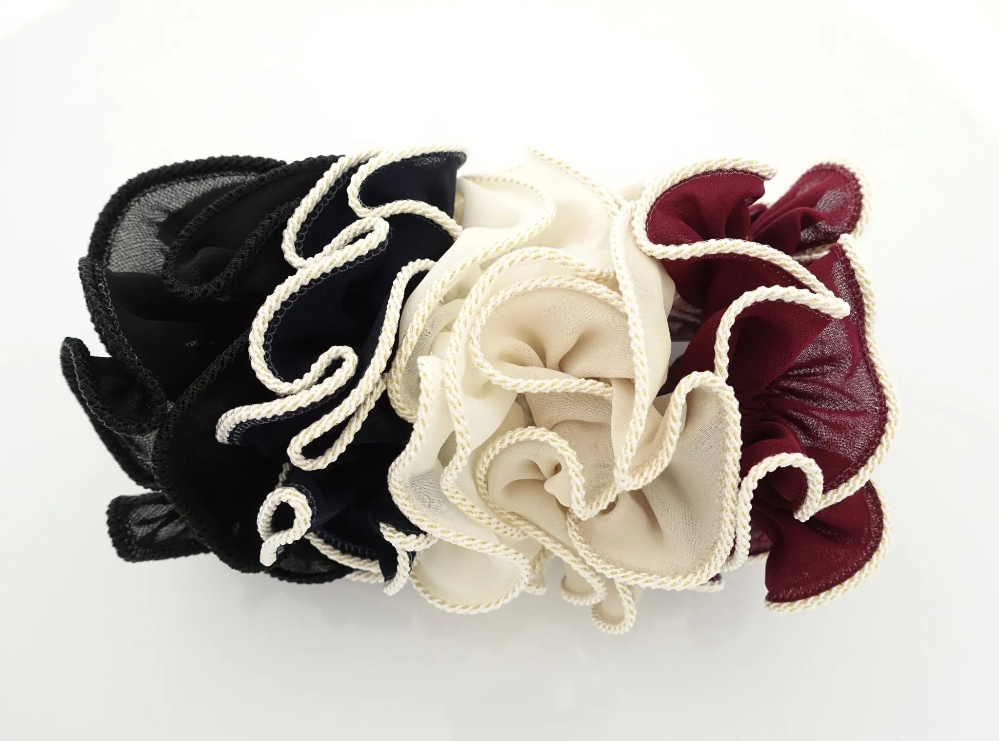 White Thread Trim Hair Chiffon Scrunchies Elastic Band Women Hair Accessories