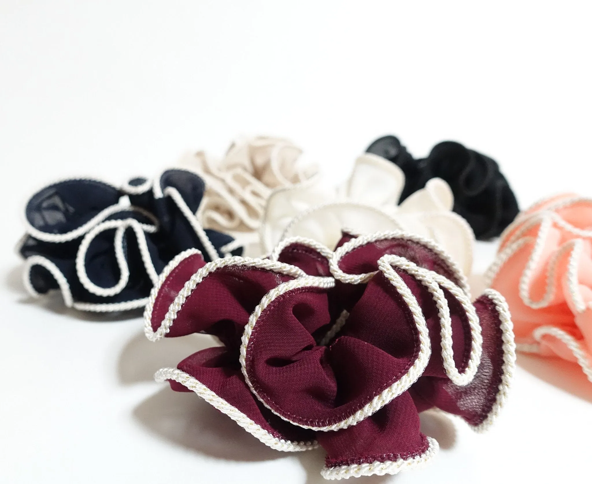 White Thread Trim Hair Chiffon Scrunchies Elastic Band Women Hair Accessories