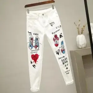 White Vintage High Waist Jeans  Women's slim Jeans Full Length