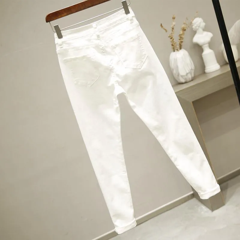 White Vintage High Waist Jeans  Women's slim Jeans Full Length