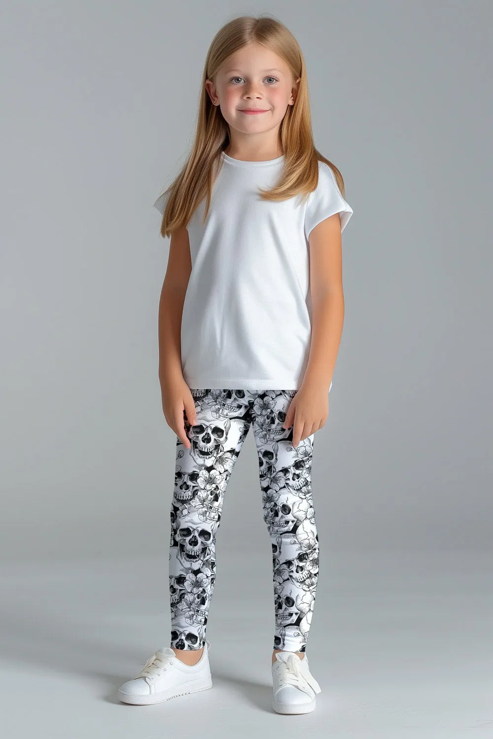 White Witch Lucy Cute Skull Print Halloween Leggings - Kids