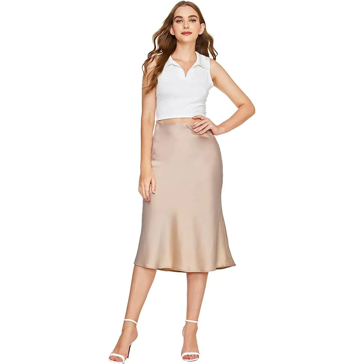 Wholesale Women's Elegant High Waist Satin A Line Flared Midi Skirt