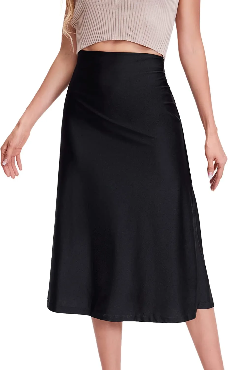 Wholesale Women's Elegant High Waist Satin A Line Flared Midi Skirt