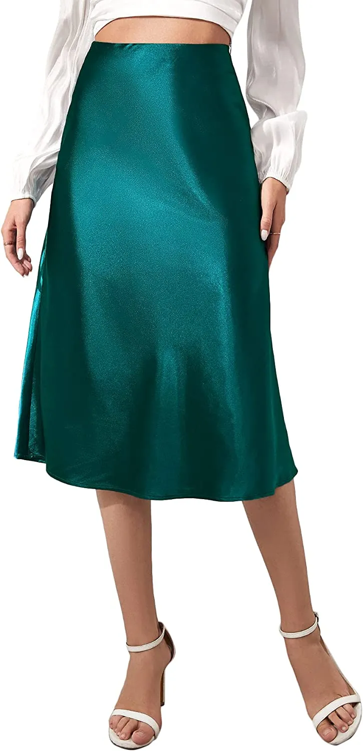 Wholesale Women's Elegant High Waist Satin A Line Flared Midi Skirt