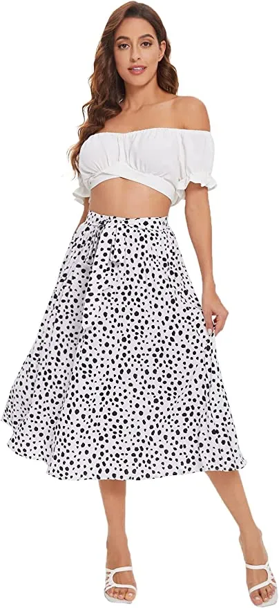 Wholesale Women's Floral Printed Elastic Waist A Line Pleated Ruffle Midi Skirt