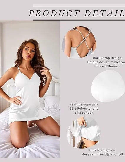 Wholesale Women's Satin Nightgown V Neck Spaghetti Strap Nightdress Silk Slip - White