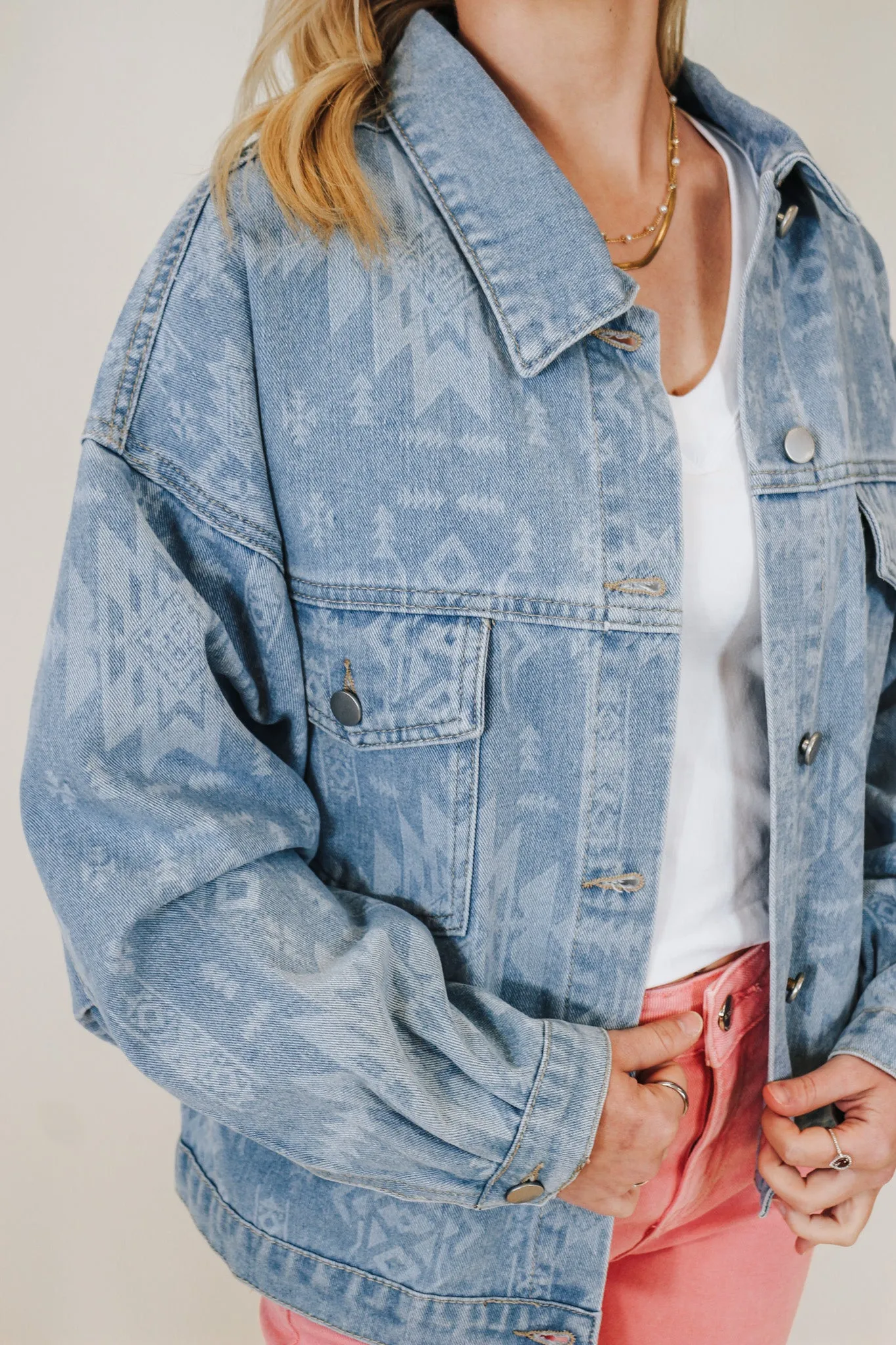 Who's That Girl Light Wash Pattern Denim Jacket