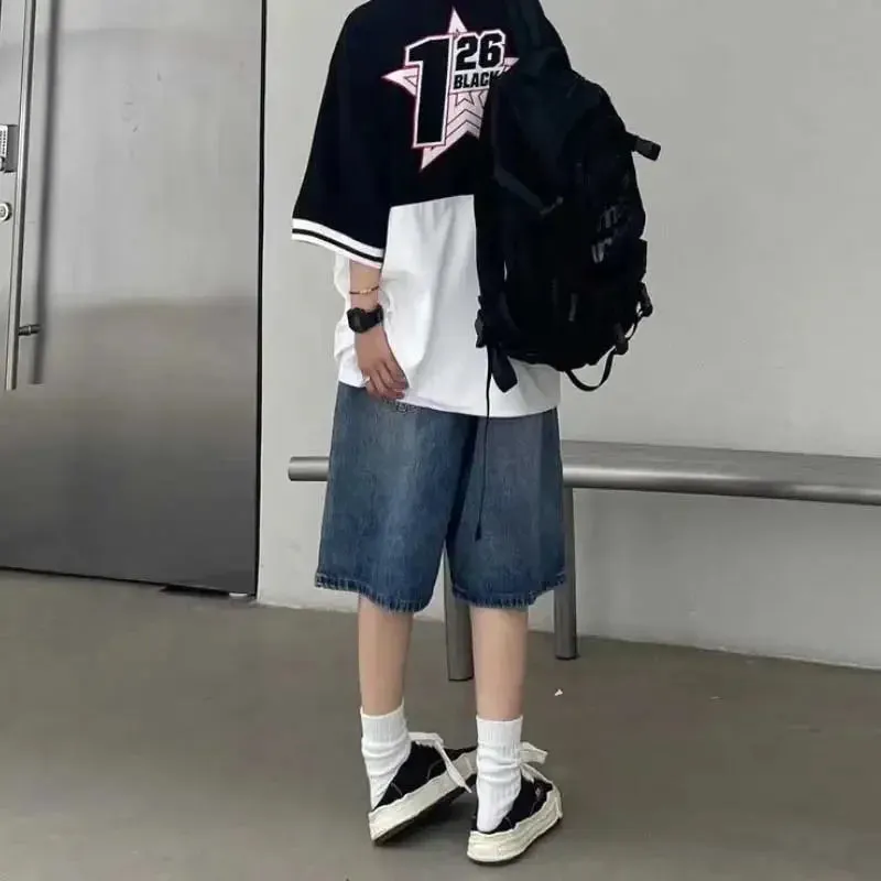 Wiaofellas  -  High Street Retro Blue Jeans Shorts Summer New Baggy Wide Leg Denim Half Pants Fashion Streetwear Y2k Clothing Oversize Man