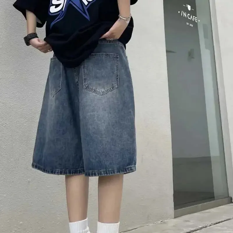 Wiaofellas  -  High Street Retro Blue Jeans Shorts Summer New Baggy Wide Leg Denim Half Pants Fashion Streetwear Y2k Clothing Oversize Man