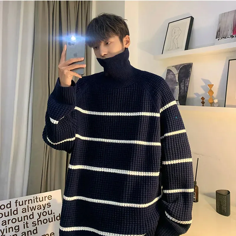 WIAOFELLAS -  Men's Sweater Autumn Korean Fashion Versatile Stripe Pullover Warm Turtleneck Loose Knit Coats Winter Male Casual Clothing