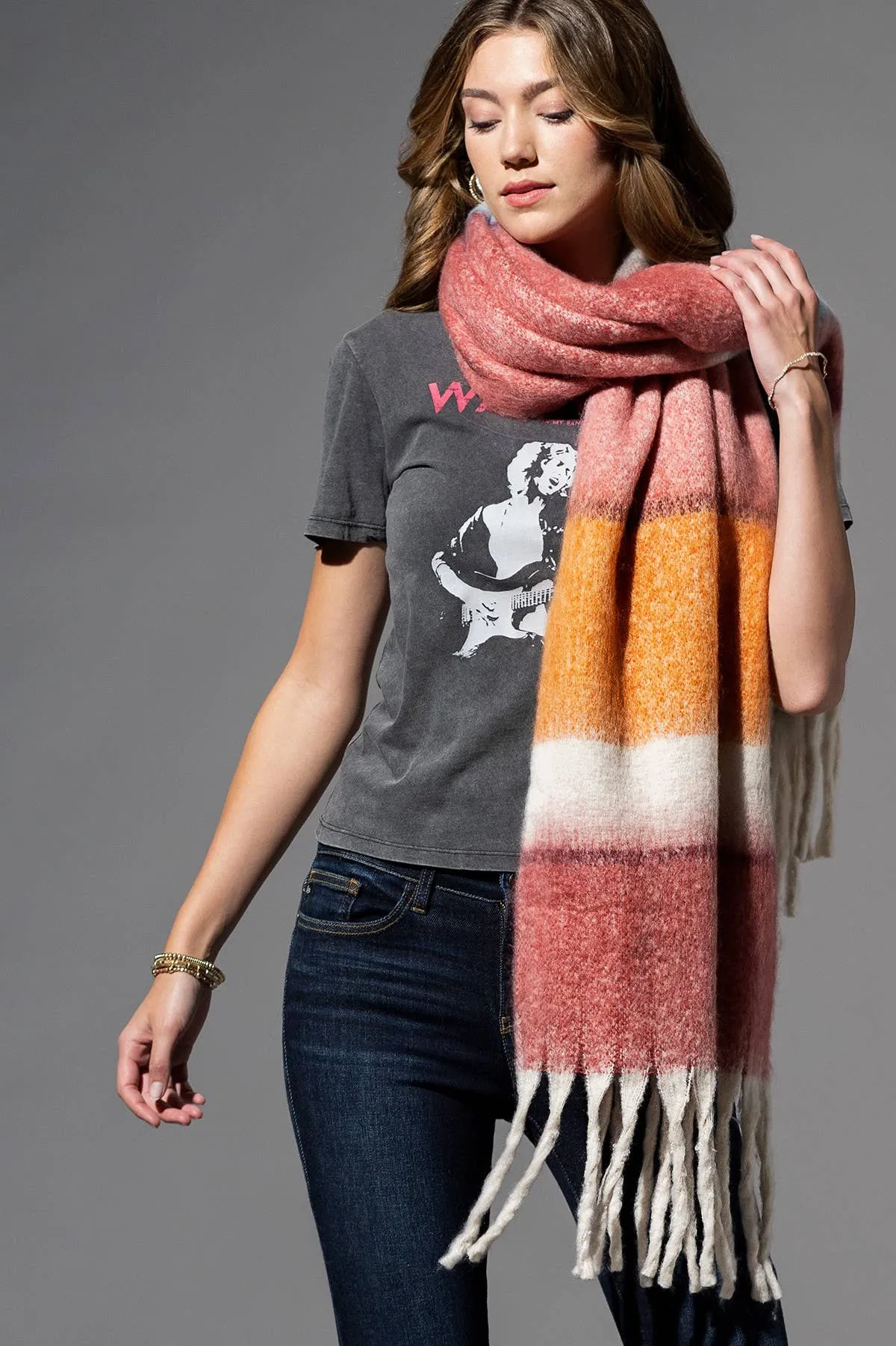 Wide Brushed Scarf - Coral Stripe