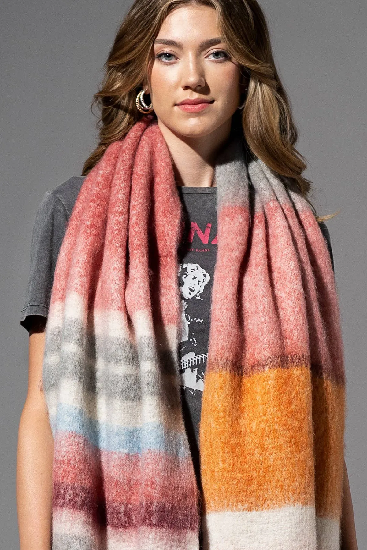 Wide Brushed Scarf - Coral Stripe