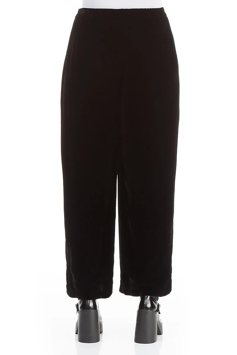 Wide Straight Black Silk Velvet Trousers