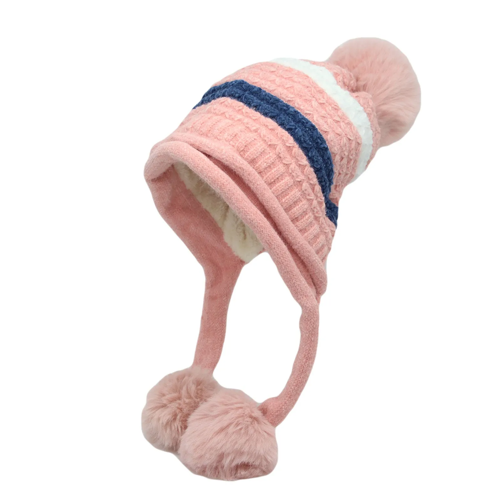 Winter Fleece Lining Soft Knit Beanie Hat Pom Earflaps YZ70080